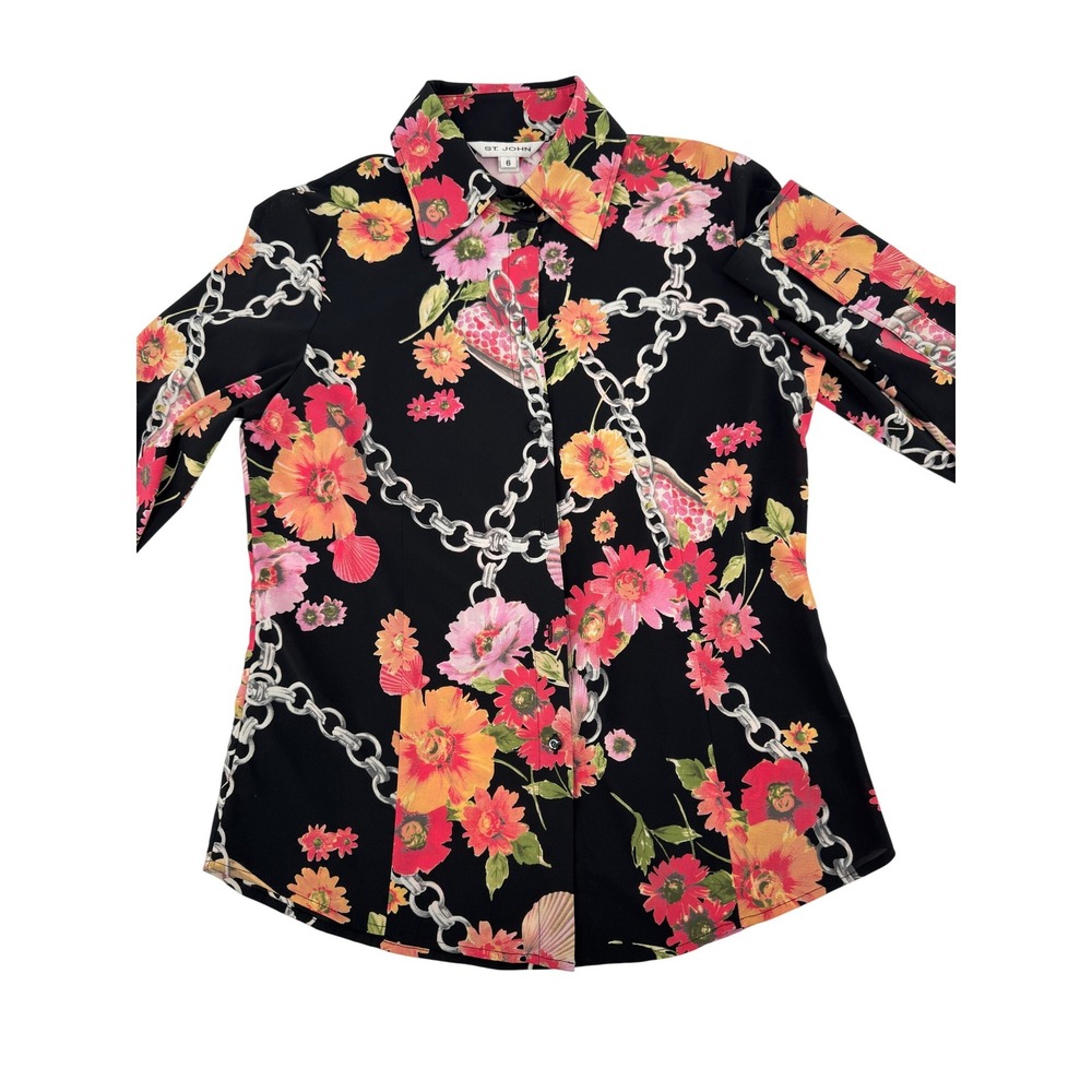 St. John Floral Chain Print Blouse Womens 6 Black Pink Long Sleeve Button Up Top
